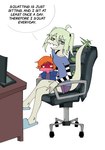 5_fingers anthro blue_eyes bottomwear bra_strap chair clothed clothing crossed_legs dialogue female fingers footwear furniture green_body green_hair green_scales hair long_tail looking_at_viewer narrowed_eyes office_chair open_mouth open_smile orange_hair pigtails pink_body plushie red_body scales shoes shorts simple_background sitting slippers smile solo spiked_tail spikes spikes_(anatomy) tail tail_plates talking_to_viewer text yellow_eyes young young_anthro young_female spoopy's_art_slave cavemanon_studios snoot_game cynthia_(snoot_game) tommy_(snoot_game) dinosaur ornithischian prehistoric_species reptile scalie stegosaurian stegosaurus thyreophoran english_text hi_res