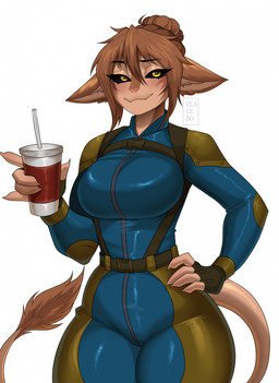 anthro armor belt big_ears black_sclera blue_clothing blue_jumpsuit blush bodysuit breasts brown_body brown_fur brown_hair claws clothed clothing container countershade_face countershading female fingerless_gloves fully_clothed fur gloves hair hand_on_hip handwear holding_object jumpsuit latex latex_bodysuit latex_clothing latex_skinsuit looking_at_viewer shoulder_guards shoulder_pads skinsuit solo tail tail_tuft tan_body tan_fur thick_thighs tied_hair tight_clothing tuft yellow_eyes illplacebo kyree_(pyer) mammal unknown_species colored hi_res portrait shaded signature