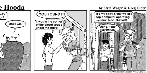 anthro breasts clothed clothed_female clothing compact_disc dialogue duo female fur furniture hair sofa text young young_female young_human style_wager dela_the_hooda dela_aldershaw mary_chan canid canine fox hooda human mammal 1999 comic english_text greyscale monochrome