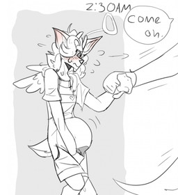 ambiguous_gender anthro bladder_bulge blush blush_lines bodily_fluids clothing costume cross cross_necklace dialogue duo genital_fluids halo hand_holding hand_on_crotch jewelry knock-kneed leaking_urine necklace omorashi overalls speech_bubble text time urine paddle-boat angel_(paddle-boat) deer mammal digital_drawing_(artwork) digital_media_(artwork) english_description english_text hi_res restricted_palette male_(lore)