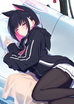 accessory animal_ears bent_legs black_clothing black_coat black_hair black_legwear black_pantyhose black_topwear blush bottomwear clothing coat female furniture glistening glistening_hair hair hair_accessory half-closed_eyes halo human_and_animal_ears legwear lying lying_on_sofa multi_ear multicolored_hair narrowed_eyes necktie on_sofa pantyhose pillow pink_eyes pink_hair short_hair skirt sofa topwear two_tone_hair white_bottomwear white_clothing white_skirt exiadoon blue_archive nexon kazusa_kyoyama animal_humanoid cat_humanoid felid felid_humanoid feline feline_humanoid humanoid mammal mammal_humanoid absurd_res hi_res