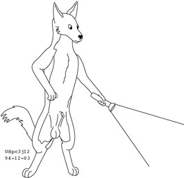 animal_genitalia anthro balls flashlight genitals holding_flashlight holding_object male nude nude_male sheath simple_background solo standing white_background urbanhermit canid canine mammal 1994 black_and_white dated low_res monochrome