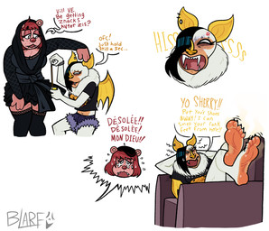 5_toes alternative_fashion angry anthro barefoot black_body black_fur claws countershade_feet countershading duo fangs fashion feet female foot_focus fur furniture hissing humanoid_feet musk plantigrade punk smelly smelly_feet sofa stink_fumes stink_lines teeth toe_claws toes white_body white_fur wings blarf022 sherry_bear_(blarf022) vranda_von_bat_(blarf022) bat bear honduran_white_bat leaf-nosed_bat mammal microbat yangochiropteran 2023 absurd_res hi_res