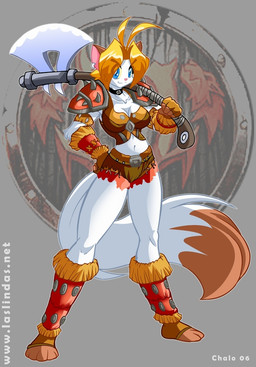 anthro axe big_breasts blonde_hair blue_eyes bottomwear breasts clothed clothing female fur hair melee_weapon midriff shirt shorts solo tail topwear weapon white_body white_fur chalo blizzard_entertainment las_lindas warcraft sarah_silkie domestic_cat felid feline felis mammal 2006