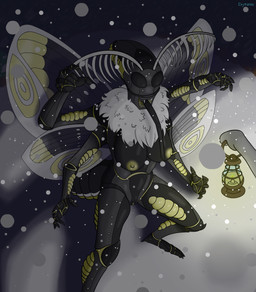 4_arms antennae_(anatomy) anthro areola arthropod_abdomen black_body black_eyes breasts chest_tuft compound_eyes dark duo faceless_character faceless_male female forest fusion genitals holding_object lamp lantern male multi_arm multi_limb multicolored_body night nipples nude nude_female open_mouth outside plant proboscis_(anatomy) snow snowing spread_wings tree tuft vulva wings yellow_areola yellow_body yellow_nipples yellow_vulva crytonic alien_(franchise) alien arthropod insect lepidopteran moth xenomorph absurd_res hi_res