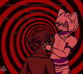 abstract_background anthro bandage bandage_on_face bandage_on_nose bracelet clothing dialogue hand_on_cheek hypnosis hypnotic_eyes jewelry male male/male mind_control necklace spiral_background text justasleepysnep hugo_(justasleepysnep) domestic_cat felid feline felis mammal pantherine snow_leopard absurd_res cel_shading hi_res shaded sketch tagme