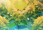 cloud day flower front_view green_body green_hair hair hair_between_eyes happy holding_flower holding_object light looking_at_viewer multicolored_body outside plant pose red_eyes short_hair sky smile solo standing sunflower sunlight yukifuri_tsuyu nintendo pokemon gardevoir generation_3_pokemon pokemon_(species) 2019 hi_res portrait three-quarter_portrait