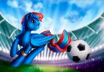 ball blue_body blue_feathers blue_hair cutie_mark day detailed_background digital_media_(artwork) equid equine fan_character feathered_wings feathers feral grass hair hasbro hi_res hooves l1nkoln male mammal my_little_pony mythological_creature mythological_equine mythology outside pegasus plant red_hair shaded sky smile soccer soccer_ball solo sport stadium wings