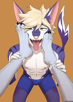 4_toes 5_fingers abs anthro black_claws blonde_hair blue_bottomwear blue_clothing blue_shorts bodily_fluids bottomwear claws clothed clothing drooling duo ear_piercing eyebrow_piercing facial_piercing feet fingers foot_fetish foot_on_face fur hair male male/male muscular muscular_anthro muscular_male nipples nose_piercing nose_ring piercing pink_nipples purple_body purple_skin ring_piercing saliva sharp_teeth shorts solo_focus teeth toes tongue tongue_out topless topless_anthro topless_male white_body white_fur white_skin yellow_eyes fenriet raditas ambiguous_species aquatic fish shark hi_res