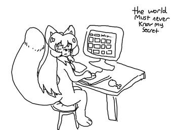 anthro computer computer_mouse dipstick_tail electronics female female_anthro fur furniture hair keyboard looking_back markings sitting solo table tail tail_markings text conditional_dnp unknown_artist averi_(fiddleafox) canid canine fox mammal red_fox true_fox english_text monochrome