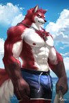 abs anthro biped black_nose blue_clothing blue_swimming_trunks blue_swimwear clothed clothing cloud detailed_background fur holding_object jewelry male muscular muscular_anthro muscular_male necklace pecs red_body red_eyes red_fur sea sky smile solo standing swimming_trunks swimwear topless water white_body white_fur rukelen knights_college diederich_olsen canid canine canis mammal wolf 2022 digital_media_(artwork) digital_painting_(artwork) hi_res