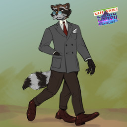 3_legs bottomwear clothed clothing eyewear fluffy fluffy_tail fully_clothed furgonomic_bottomwear furgonomics glasses hand_in_pocket multi_leg multi_limb pockets simple_background tail walking wearing_glasses larru-larru mammal procyonid raccoon 1:1