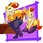 anthro breasts butt clothing feet female fire glistening glistening_butt hindpaw nipples paws pseudo_clothing small_breasts smile solo text hidoihito nintendo patreon pokemon braixen canid canine generation_6_pokemon mammal pokemon_(species) 1:1 colored english_text hi_res url