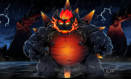 anthro balls belly black_body detailed_background genitals humanoid_hands male moobs navel nipples outside overweight overweight_male penis raining solo water outcast-stars bowser's_fury mario_bros nintendo bowser fury_bowser koopa scalie 2022 hi_res