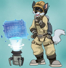 anthro armor backpack black_hair clothing cosplay fur grey_body grey_fur hair hard_hat headgear helmet jumpsuit male orange_eyes plantigrade science_fiction solo starwolfskin zgf_art zgf_gaming razor_the_firedog canid canine elemental_creature firedog mammal hi_res