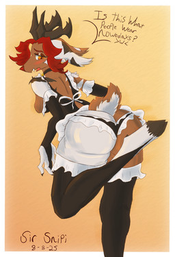 anthro antlers arm_warmers armwear bell bell_collar big_ears breasts butt clothing collar ear_markings fangs female fur hair hooves horn legwear maid_collar maid_uniform medium_breasts multicolored_body multicolored_fur orange_eyes red_hair simple_background solo tail teeth thigh_highs underwear uniform sir_snipi ikaiyu_(sir_snipi) deer mammal 2025 hi_res signature