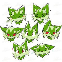:3 ^w^ ambiguous_gender angry blush cheek_tuft exclamation_point eyes_closed facial_tuft feral fur green_body green_ears green_fur happy heart_symbol narrowed_eyes open_mouth owo question_mark red_eyes simple_background smile solo spiral spiral_eyes tuft white_background tontaro nintendo pokemon felid feline generation_9_pokemon mammal pokemon_(species) sprigatito 1:1 2025 digital_media_(artwork) signature
