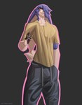anthro biped black_clothing black_fingers black_underwear blue_body blue_fur bulge cheekbones clothed clothing collarbone collared_shirt countershade_face countershade_torso countershading drawstring_bottomwear ears_down floppy_ears fully_clothed fur hair hair_over_eye hand_in_pocket head_tuft long_ears looking_at_viewer lop_ears low-riding low_pants male male_anthro pivoted_ears pockets raised_hand red_eyes scut_tail shirt short_tail simple_background slim_male smile smiling_at_viewer solo t-shirt tail topwear tuft underwear visible_underwear white_body white_fur hiverdose alex_(hiverdose) lagomorph leporid mammal rabbit digital_media_(artwork) hi_res