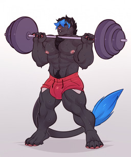 abs anthro barbell biceps big_bulge black_body black_fur black_hair blue_body blue_eyes blue_fur blue_hair bodily_fluids body_hair bottomwear bulge chest_tuft claws clothed clothing exercise finger_claws fur hair happy_trail male melanistic muscular muscular_anthro muscular_male nipple_piercing nipples pawpads paws pecs piercing pink_pawpads pubes quads shadow shorts shorts_only simple_background smile solo sweat sweatdrop tail tail_tuft teeth toe_claws topless tuft weightlifting weights whiskers workout shoguru lucamew felid mammal pantherine 2021 digital_media_(artwork) hi_res