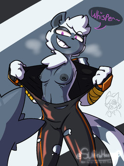 anthro areola black_bodysuit black_clothing black_nose black_skinsuit bodily_fluids bodysuit breasts camel_toe chest_tuft clothing dialogue eyelashes female female_anthro grey_areola grey_background grey_nipples head_tuft long_tail markings navel nipples purple_eyes simple_background skinsuit small_breasts smile solo speech_bubble striped_markings striped_tail stripes sweat tail tail_markings tearing_own_clothing text thick_thighs tight_clothing torn_bodysuit torn_clothing torn_skinsuit tuft wide_hips superbharm0ny idw_publishing sega sonic_the_hedgehog_(comics) sonic_the_hedgehog_(idw) sonic_the_hedgehog_(series) tangle_the_lemur whisper_the_wolf lemur mammal primate ring-tailed_lemur strepsirrhine 3:4 hi_res
