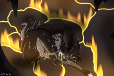 ambiguous_gender balls big_balls black_body black_scales bodily_fluids clenching_balls cum cum_in_mouth cum_inside duo ejaculation fellatio feral feral_on_feral genital_fluids genitals huge_balls male male/ambiguous oral penile pump_(sound_effect) scales sex tail yaboinoir mythology dinosaur dragon mythological_creature mythological_scalie prehistoric_species reptile scalie hi_res