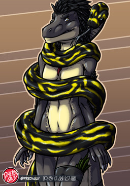 5_fingers abstract_background ambiguous_gender anthro apode biped black_body black_eyes black_feather_hair black_feathers black_pseudo_hair black_scales black_tongue brown_background claws coiling convenient_censorship countershade_arms countershade_face countershade_legs countershade_neck countershade_scales countershade_tail countershade_torso countershading crotch_lines duo feathers feral finger_claws fingers grey_body grey_claws grey_countershading grey_scales humanoid_hands legless logo male multicolored_body multicolored_scales navel nude pattern_background pecs pseudo_hair red_claws scales simple_background striped_background tail tongue tongue_out two_tone_body two_tone_scales white_body white_countershading white_scales yellow_body yellow_eyes yellow_scales predaguy dinosaur dromaeosaurid feathered_dinosaur feathered_scalie prehistoric_species reptile saurischian scalie snake theropod 2021 artist_logo digital_drawing_(artwork) digital_media_(artwork) hi_res portrait three-quarter_portrait