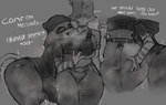 anthro big_breasts big_butt blush bottomwear breasts bulge butt butt_grab clothed clothing dialogue duo erection erection_under_clothing female grey_background grope gynomorph hand_on_butt headgear headwear intersex intersex/female pants simple_background tail talking_to_another text thick_thighs wide_hips fuzzycreature epic_games fortnite cate_meowdy meow_skulls calico_cat domestic_cat felid feline felis mammal absurd_res english_text hi_res monochrome