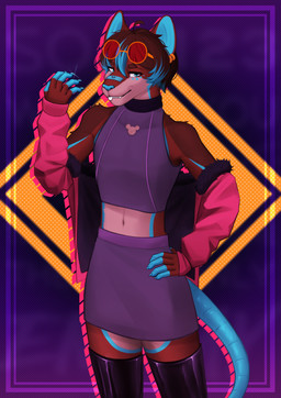anthro bandage bandage_on_face bandage_on_nose blue_body blue_eyes blue_fur blue_markings blue_tail brown_body brown_fur buckteeth claws clothed clothed_male clothing ear_piercing eyewear femboy fur glasses male markings pawpads piercing rat_tail round_glasses solo tail teeth cyanpyrra cyan_pyrra mammal murid murine rat rodent absurd_res hi_res
