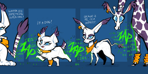 anthro clothing ear_piercing female feral footwear piercing shoes slippers solo speech_bubble text transformation transformation_sequence oddjuice bandai_namco digimon asinus canid canine canis digimon_(species) domestic_dog donkey equid equine felid feline felis gatomon giraffe giraffid humanoid mammal absurd_res english_text hi_res long_image wide_image