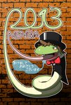 animal_genitalia anus clothing fangs feral genital_slit genitals green_body hat headgear headwear male open_mouth solo teeth text tongue tongue_out top_hat nakayan chinese_zodiac year_of_the_snake reptile scalie snake 2013 japanese_text