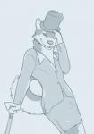 2015 anthro biped blue_and_white canid canine canis clothed clothing crossgender digital_media_(artwork) domestic_dog eyewear female hat headgear headwear hi_res husky mammal monochrome monocle nordic_sled_dog sketch smile solo spitz standing suit thehuskyk9 tokaido top_hat