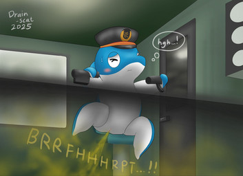 animal_genitalia anthro blue_body clothing conductor conductor_hat eyes_closed fart fart_cloud genital_slit genitals hat hat_only headgear headgear_only headwear headwear_only inside male mostly_nude multicolored_body one_leg_up raised_leg sitting solo subway text train train_conductor two_tone_body vehicle white_body drain_scat rinkaru cetacean dolphin mammal marine toothed_whale 2025 english_text hi_res