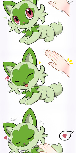 ambiguous_gender cheek_tuft duo emanata eyes_closed facial_tuft feral fingers fur fur_collar fur_tuft gesture green_body green_fur hand_gesture heart_symbol looking_at_another lying markings multicolored_body multicolored_eyes multicolored_fur on_front open_mouth paws pink_eyes purring quadruped question_mark resting_arm simple_background smile speech_bubble star tail text tongue tuft two_tone_body two_tone_fur luzarte nintendo pokemon felid feline generation_9_pokemon human mammal pokemon_(species) sprigatito absurd_res digital_media_(artwork) english_text hi_res