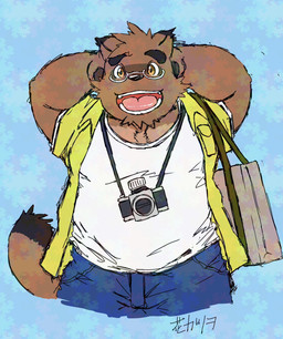 anthro black_nose bottomwear camera clothing eyewear glasses kemono male open_mouth pants shirt simple_background slightly_chubby solo topwear hanakatsuo10 morenatsu kounosuke_kuri canid canine mammal raccoon_dog tanuki 2025 hi_res