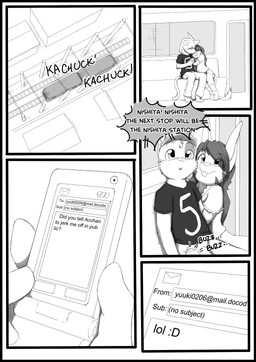anthro black_border blush border buckteeth cellphone cheek_tuft clothed clothing cuddling dialogue duo electronics eye_through_hair eyes_closed facial_tuft femboy flip_phone footwear fully_clothed fur hair hat headgear headwear holding_object inside_train legwear long_hair looking_up male phone public public_transportation shirt sitting socks sound_effects tail teeth text text_on_clothing text_on_shirt text_on_topwear topwear train train_station translucent translucent_hair tuft vehicle vibrating young young_anthro arkaid the_neon_children the_neon_children:_the_comic acchan_(arkaid) minoru domestic_cat felid feline felis hybrid lagomorph leporid mammal rabbit comic english_text hi_res monochrome