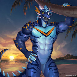 5_fingers abs anthro barazoku beach biceps black_tongue blue_body cheek_spikes cloud cloudy_sky detailed_background facial_horn facial_spikes featureless_crotch fingers front_view green_eyes hand_on_hip hand_on_tree head_horn horn male muscular muscular_anthro muscular_arms muscular_male nose_horn open_mouth palm_tree pecs plant pupils sea serratus sky slit_pupils solo spiked_tail spikes spikes_(anatomy) sunset tail text tongue tree water huskeeburn21 mythology dracore dragon mythological_creature mythological_scalie scalie wingless_dragon 1:1 2025 artist_name digital_media_(artwork) hi_res portrait three-quarter_portrait