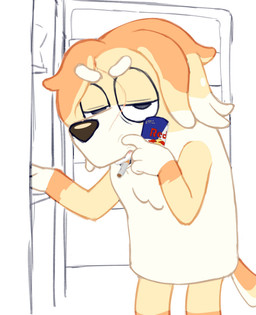 4_fingers anthro appliance beverage beverage_can cigarette cigarette_in_mouth energy_drink female fingers fridge fur grumpy kitchen_appliance looking_at_viewer object_in_mouth orange_body orange_fur solo tan_body tan_fur white_body white_fur xthe_real_cjx bluey_(series) red_bull frisky_(bluey) bird_dog canid canine canis cocker_spaniel domestic_dog hunting_dog mammal spaniel 2025 digital_media_(artwork) hi_res
