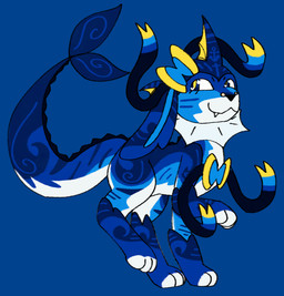 ambiguous_gender blue_background bow_(feature) bridge_piercing countershading facial_piercing feral glistening glistening_eyes nose_piercing piercing simple_background smile smirk solo standing wave_pattern jackrabbit_(artist) fakemon nintendo pokemon eeveelution generation_1_pokemon generation_6_pokemon hybrid pokemon_(species) sylveon vaporeon 2025 hi_res