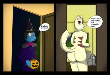 anthro building butt candy clothing costume dessert dialogue duo female food furniture holidays house inside looking_at_another looking_at_viewer looking_back male male/female nude text pscapturas halloween kim_(pscapturas) domestic_cat felid feline felis lagomorph leporid mammal rabbit absurd_res comic english_text hi_res