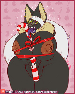 anthro big_breasts big_ears big_vulva bodily_fluids breasts candy candy_cane dessert ear_piercing ear_ring eyewear fangs female food fur genitals gift gift_wrapped glasses green_eyes hair heart_eyes heart_symbol heterochromia hyper hyper_genitalia hyper_vulva licking lips long_hair long_tongue looking_at_viewer montgomery_glands neck_tuft nipples patreon_logo patreon_username piercing pink_eyes ring_piercing round_glasses saliva sharp_teeth solo sweat sweaty_genitalia teeth text thick_bottom_lip thick_lips thick_thighs tongue tongue_out tuft vulva white_hair wide_hips bludermaus patreon bludermaus_(character) bat leaf-nosed_bat mammal microbat vampire_bat yangochiropteran 2020 digital_media_(artwork) english_text trans_(lore) trans_woman_(lore)