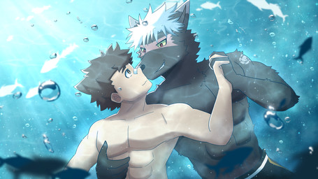abs anthro athletic athletic_anthro athletic_human athletic_male band-aid band-aid_on_face band-aid_on_nose bandage bandage_on_face bandage_on_nose duo hand_holding male male/male muscular muscular_male pecs romantic romantic_couple scar underwater water dragokaizer666 lifewonders tokyo_afterschool_summoners bandaid_protagonist_(tas) protagonist_(tas) tadatomo_(tas) canid canine canis domestic_dog human mammal 16:9 hi_res widescreen