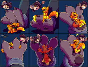 3_toes anthro big_pawpads blep bottomwear claws clothing curling_toes devious devious_grin duo feet foot_fetish foot_focus macro male male/male micro mischievous mischievous_smile open_mouth pants pawpads paws size_difference size_play smug_face soles spread_toes tail toe_claws toes tongue tongue_out toony uvula marquis2007 hakeem_(tamerkoh) marquis_(marquis2007) canid canine fox hyena mammal absurd_res alpha_channel hi_res