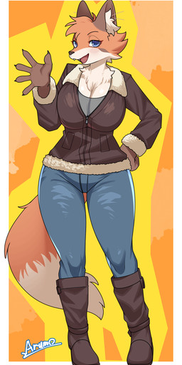 5_fingers abstract_background anthro blue_eyes blush boots bottomwear breasts brown_body brown_fur clothing female fingers footwear front_view fur hand_on_hip inner_ear_fluff jacket open_mouth pants shoes smile solo tail topwear tuft wide_hips arumo canid canine fox mammal 2026 absurd_res hi_res