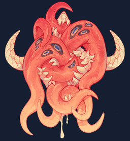 ambiguous_fluids ambiguous_gender black_sclera blue_background blue_pupils glistening glistening_eyes horizontal_pupils multi_eye orange_eyes orange_tentacles pupils red_tentacles sharp_teeth simple_background solo teeth tentacles unsigned corzh77 tentacle_creature absurd_res hi_res