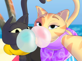 anthro beach black_body black_fur blowing_bubble_gum bottomwear bubble bubble_gum candy clothing collaborative collaborative_gesture collaborative_tail_heart dessert duo ear_piercing ear_ring female female/female flat_chested food fur gesture gum inflating orange_body pants piercing ring_piercing sea seaside selfie shirt social_media t-shirt tail tail_gesture tail_heart tight_clothing topwear towel water yoga_pants dirtywater tito_lizzardo_and_catty_b catty_baby tiger_lily_(tito_lizzardo) domestic_cat felid feline felis mammal