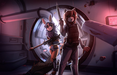 5_fingers anthro bad_trigger_discipline biped blood bodily_fluids bottomwear claws clothed clothed_anthro clothed_female clothing duo female finger_claws fingers front_view fully_clothed fully_clothed_anthro fully_clothed_female fur gun hair holding_gun holding_object holding_ranged_weapon holding_weapon inside looking_at_another ranged_weapon scar standing tail teeth topwear weapon enginetrap ailurid lagomorph leporid mammal rabbit red_panda 2026 absurd_res digital_drawing_(artwork) digital_media_(artwork) hi_res