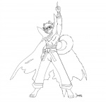 4_toes 5_fingers anthro barefoot biped body_wraps bottomwear cape clothing eyewear feet fingers gesture glasses hair hand_gesture looking_at_viewer male pants pointing pointing_up short_hair simple_background smile solo standing tail toes white_background fuzzikayu tengen_toppa_gurren_lagann kamina_(gurren_lagann) canid canine canis domestic_dog husky mammal nordic_sled_dog spitz 2011 black_and_white line_art monochrome