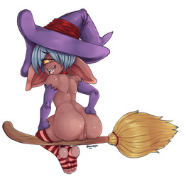 1_eye anus armwear big_butt blue_hair bodily_fluids broom butt cleaning_tool clothing dark_body dark_skin elbow_gloves eyelashes feet female fingers footwear freckles genital_fluids genitals gloves hair half-closed_eyes hand_on_butt handwear hat headgear headwear legwear looking_back magic_user mostly_nude narrowed_eyes not_furry open-toe_socks open_mouth rear_view sharp_teeth simple_background smile solo stirrup_legwear stirrup_stockings stockings teeth thigh_highs toeless_legwear toes tongue vaginal_fluids vulva witch witch_hat nerdbayne lorna_(nerdbayne) cyclops humanoid mammal 2022 absurd_res digital_media_(artwork) hi_res signature