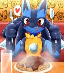 ambiguous_gender anthro beverage black_body black_fur blue_body blue_fur blush container cup cutlery food fork fur happy heart_symbol holding_fork holding_object holding_spoon inside kitchen_utensils looking_down pasta plate red_eyes smile solo spaghetti spoon steam tongue tongue_out tools yellow_body yellow_fur chigiri nintendo pokemon canid canine generation_4_pokemon lucario mammal pokemon_(species) digital_media_(artwork) hi_res