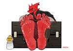 5_toes anthro bdsm bondage bound brush dorsal_fin feet fin foot_fetish foot_focus grin hairbrush hindpaw holding_laugh horn male muscular muscular_anthro muscular_male necktie oil oily_feet paws piercing red_body red_skin restraints sharp_teeth simple_background smile soles solo stocks teeth tickle_torture tickling tickling_feet toe_restraints toes white_background mimitdas fish marine shark hi_res
